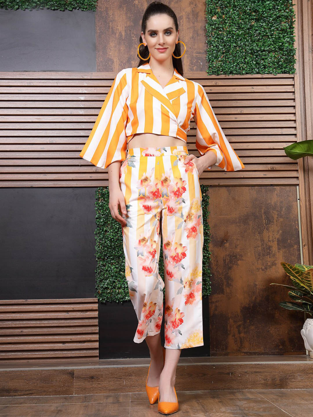 Athena White & Orange Striped Notched Lapel Collar Flared Sleeve Top With Trousers Co-Ords