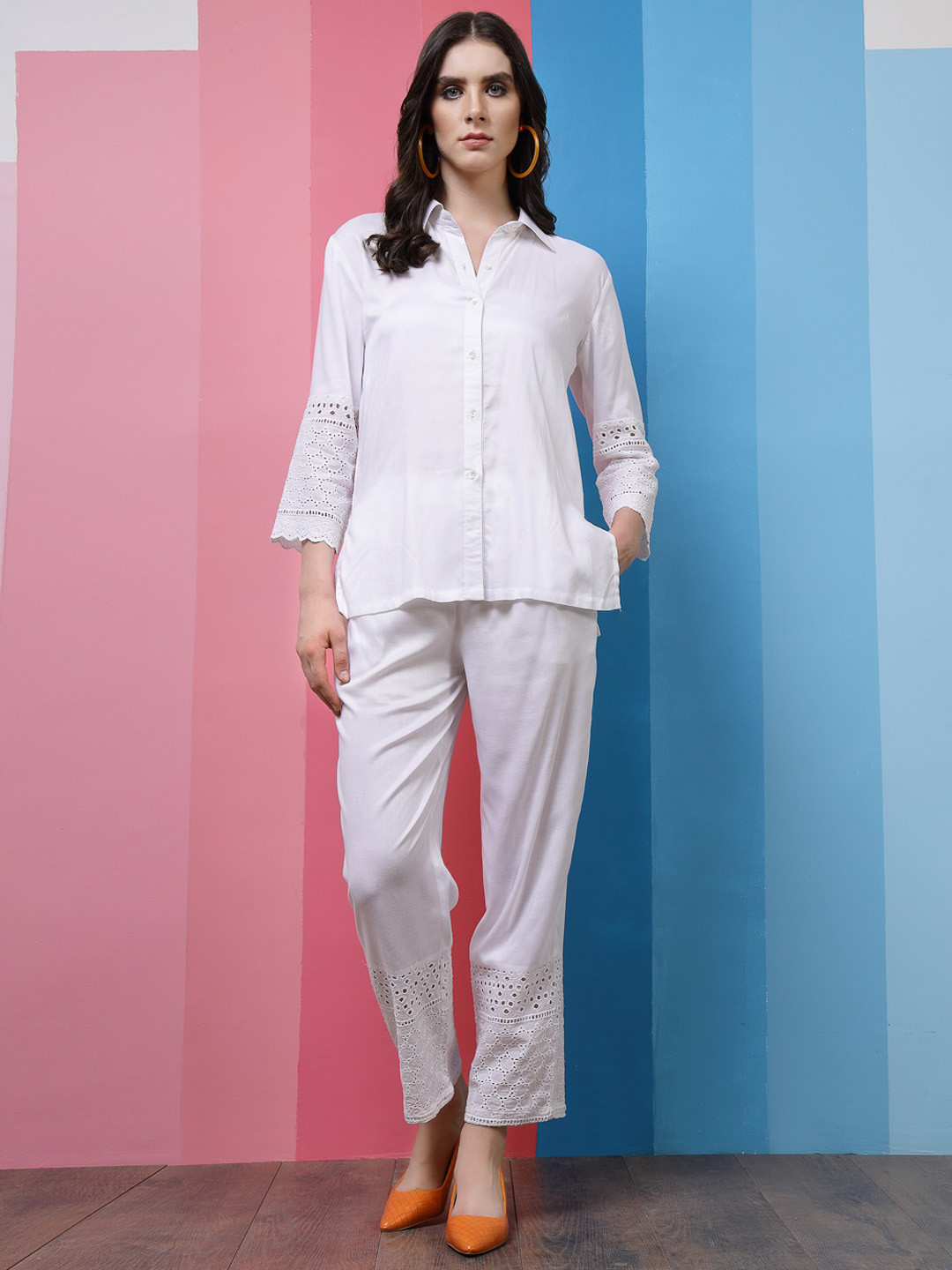 Athena White Self Design Three-Quarter Sleeves Shirt With Trousers Co-Ords