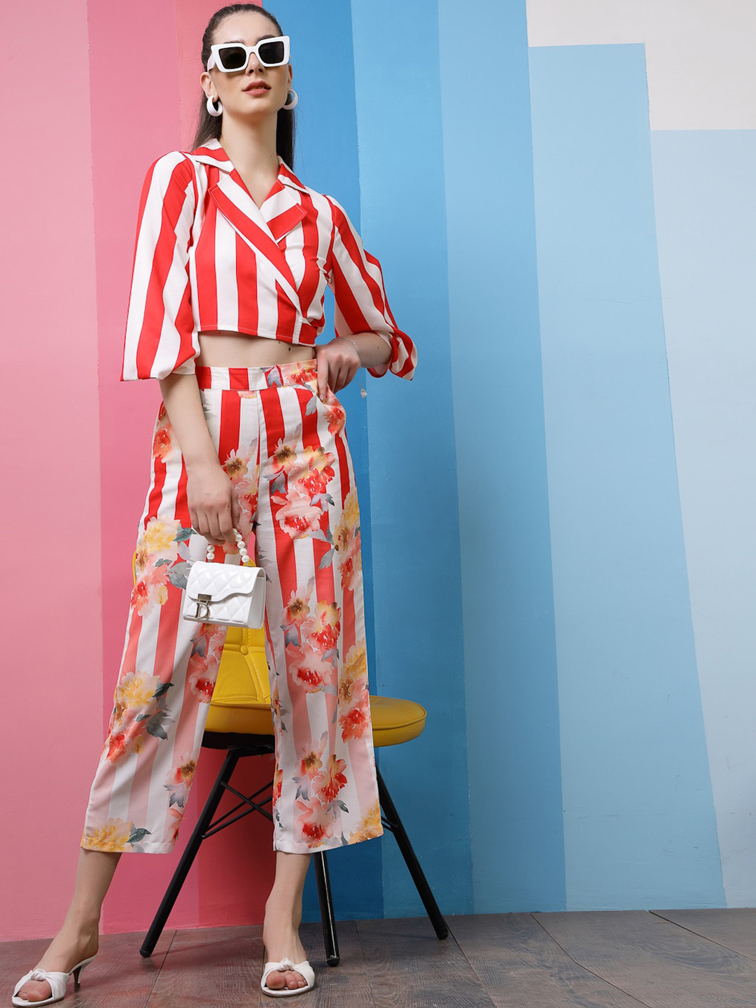 Athena Red & White Striped Lapel Collar Top With Trousers Co-Ords