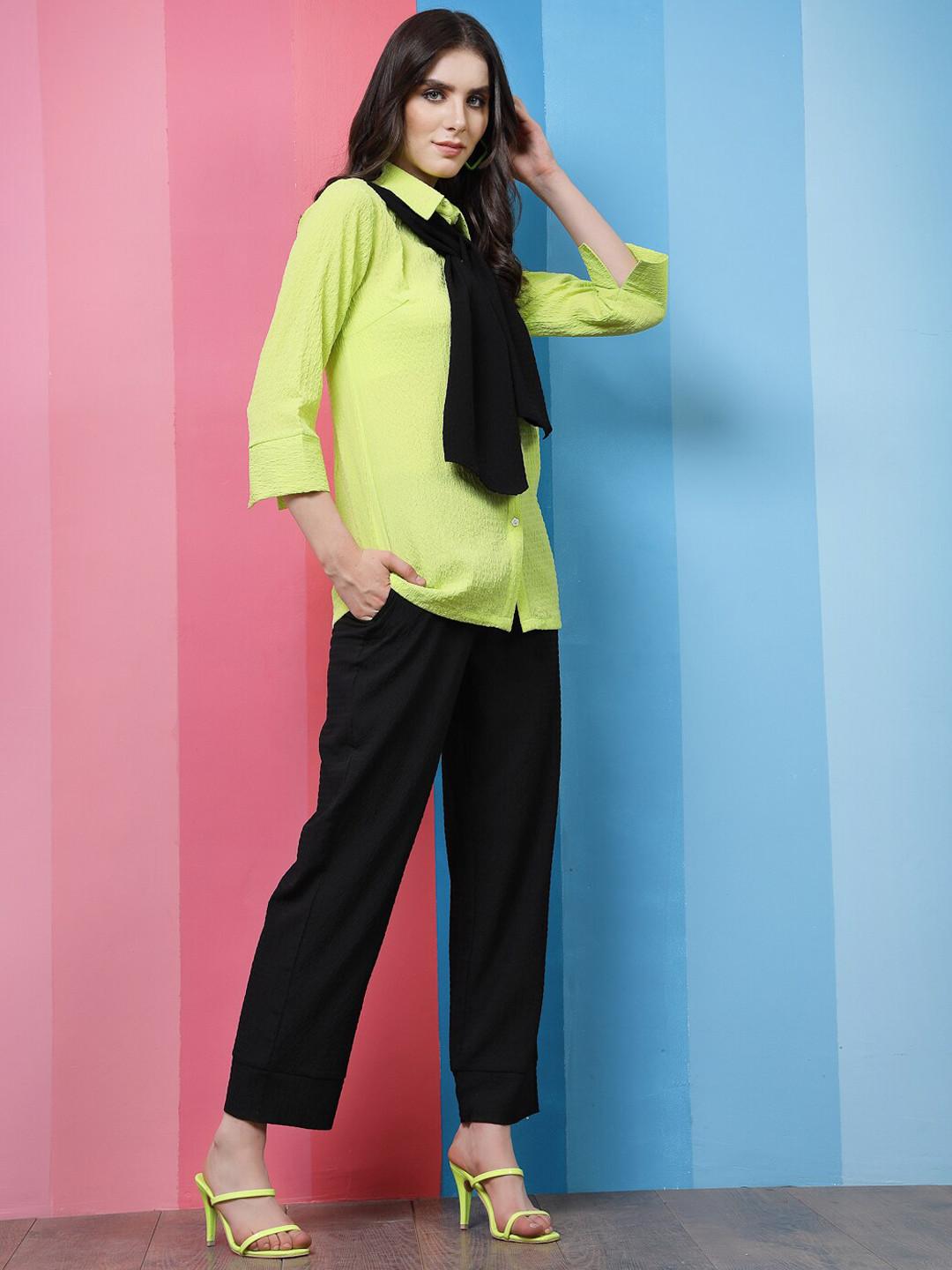 Athena Black & Green Self-Design Shirt Collar Shirt With Trousers & Scarf Co-Ords