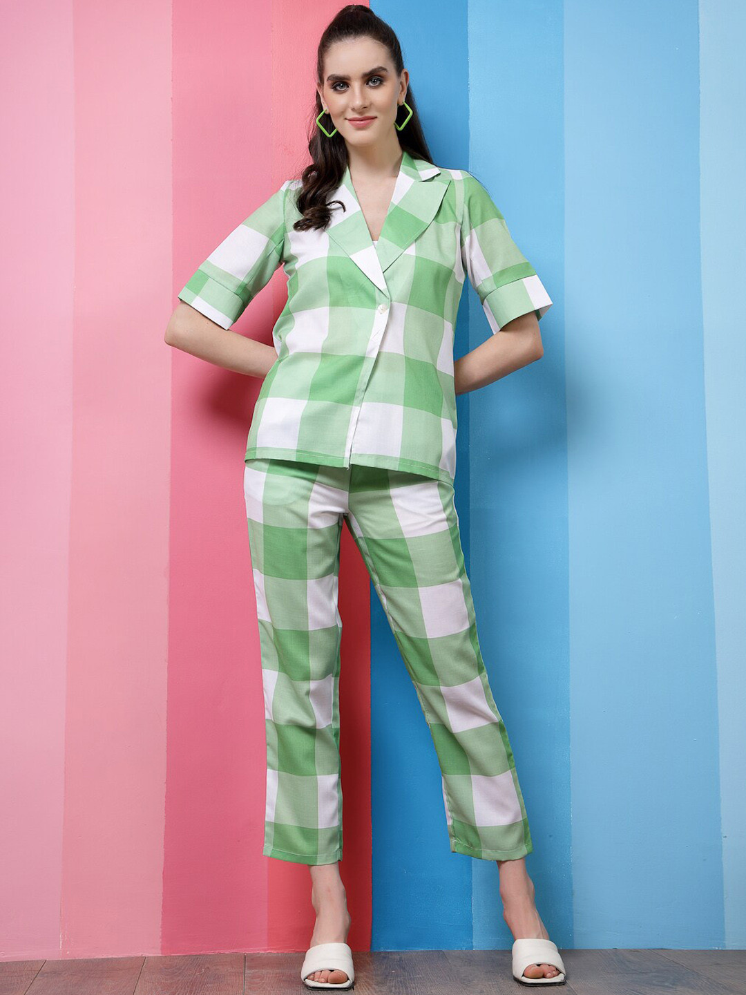 Athena Green & White Checked Lapel Collar Top With Trousers Co-Ords