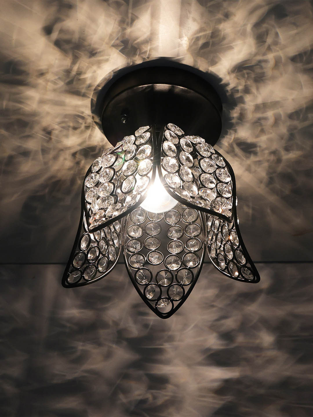 Homesake Black Metal Lotus Crystal Flush Mount Ceiling Lamp