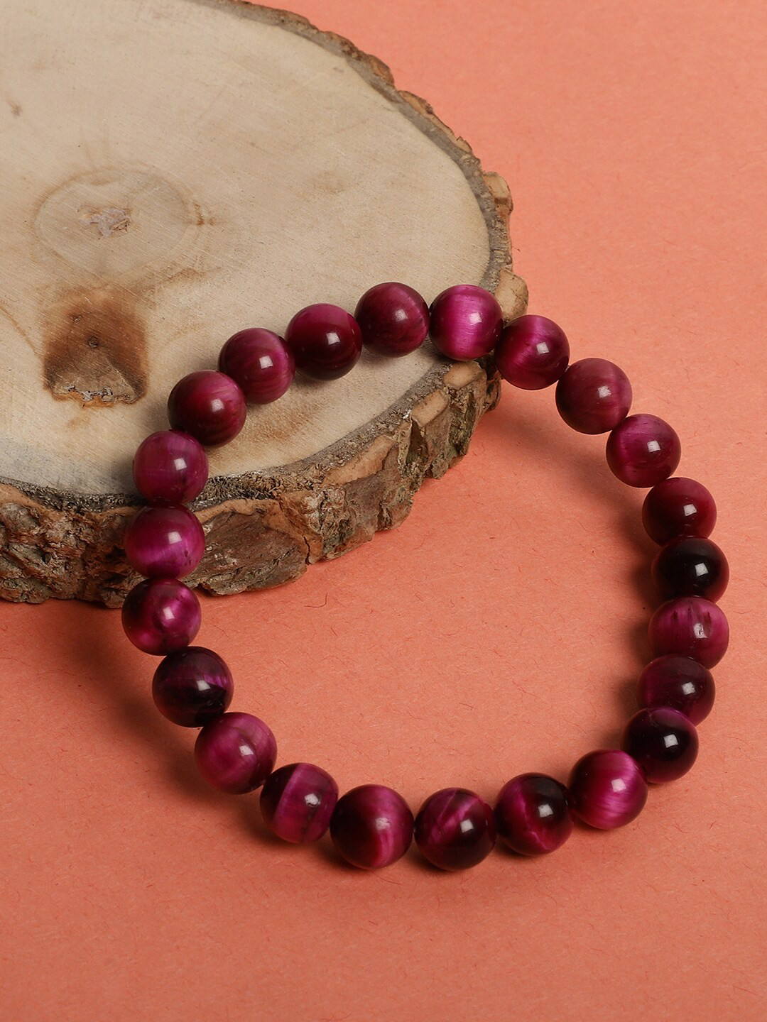 TAG 7 Women Pink Tiger Eye Semi Precious Stone Bracelet
