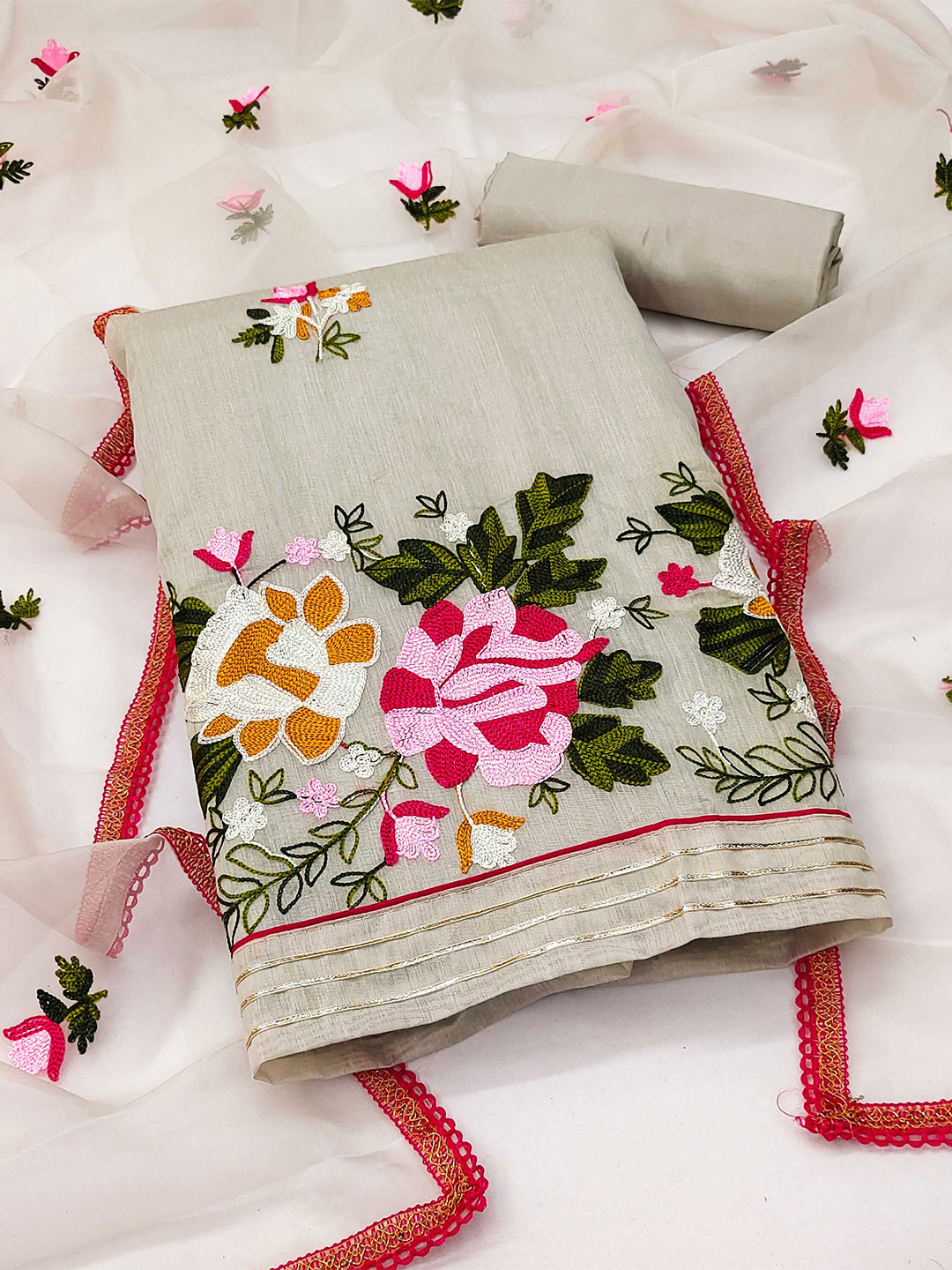 KALINI Lime Floral Embroidered Unstitched Dress Material