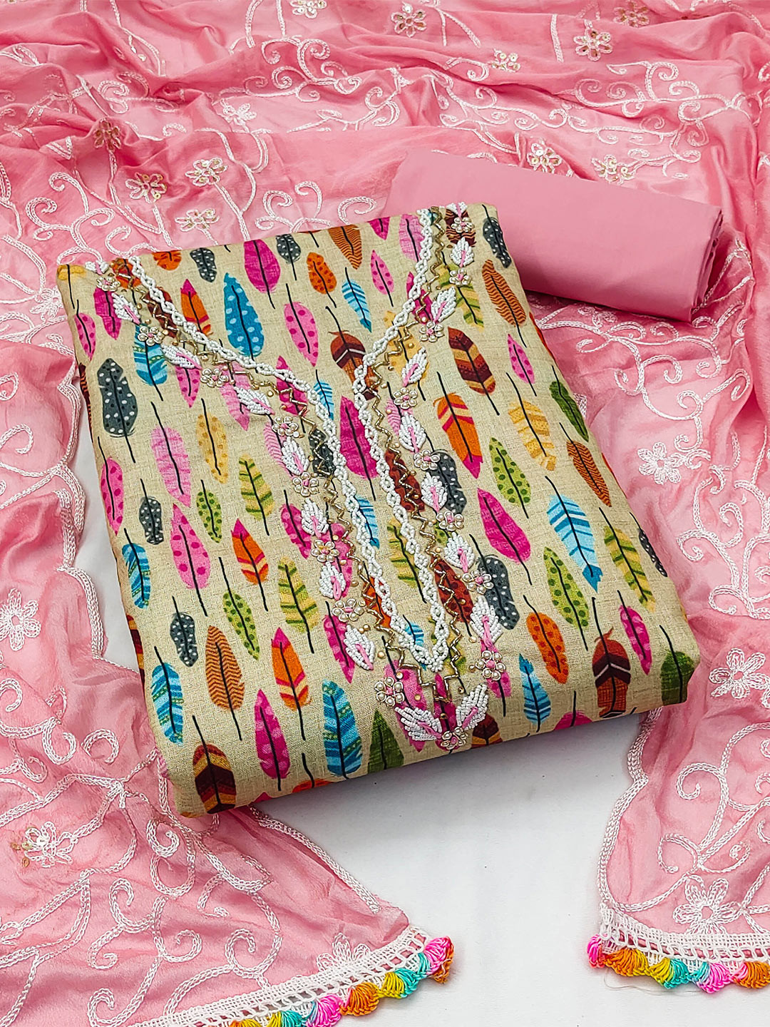 KALINI Conversational Printed Beads & Stones Unstitched Dress Material