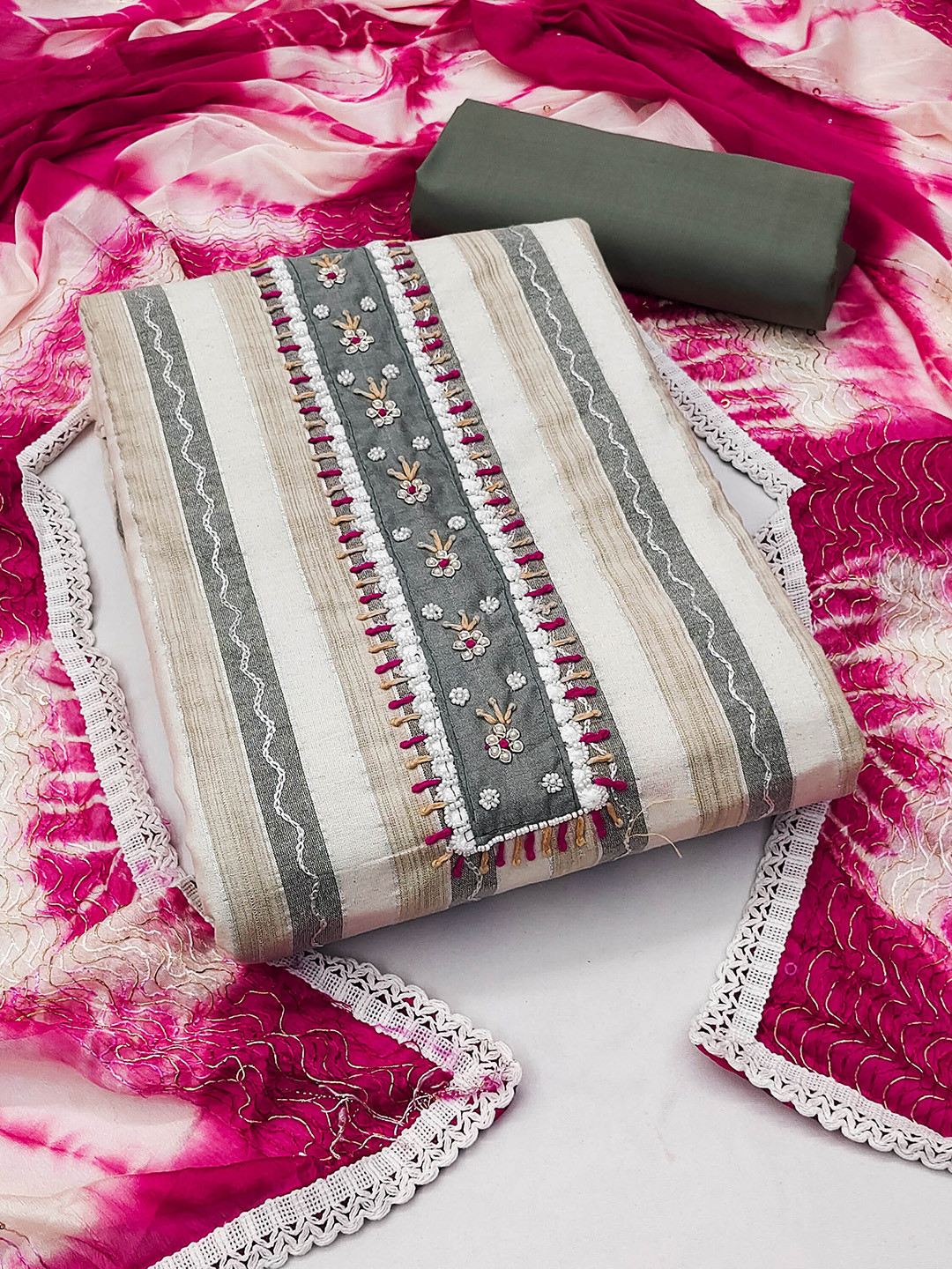 KALINI Striped Beads and Stones Unstitched Dress Material