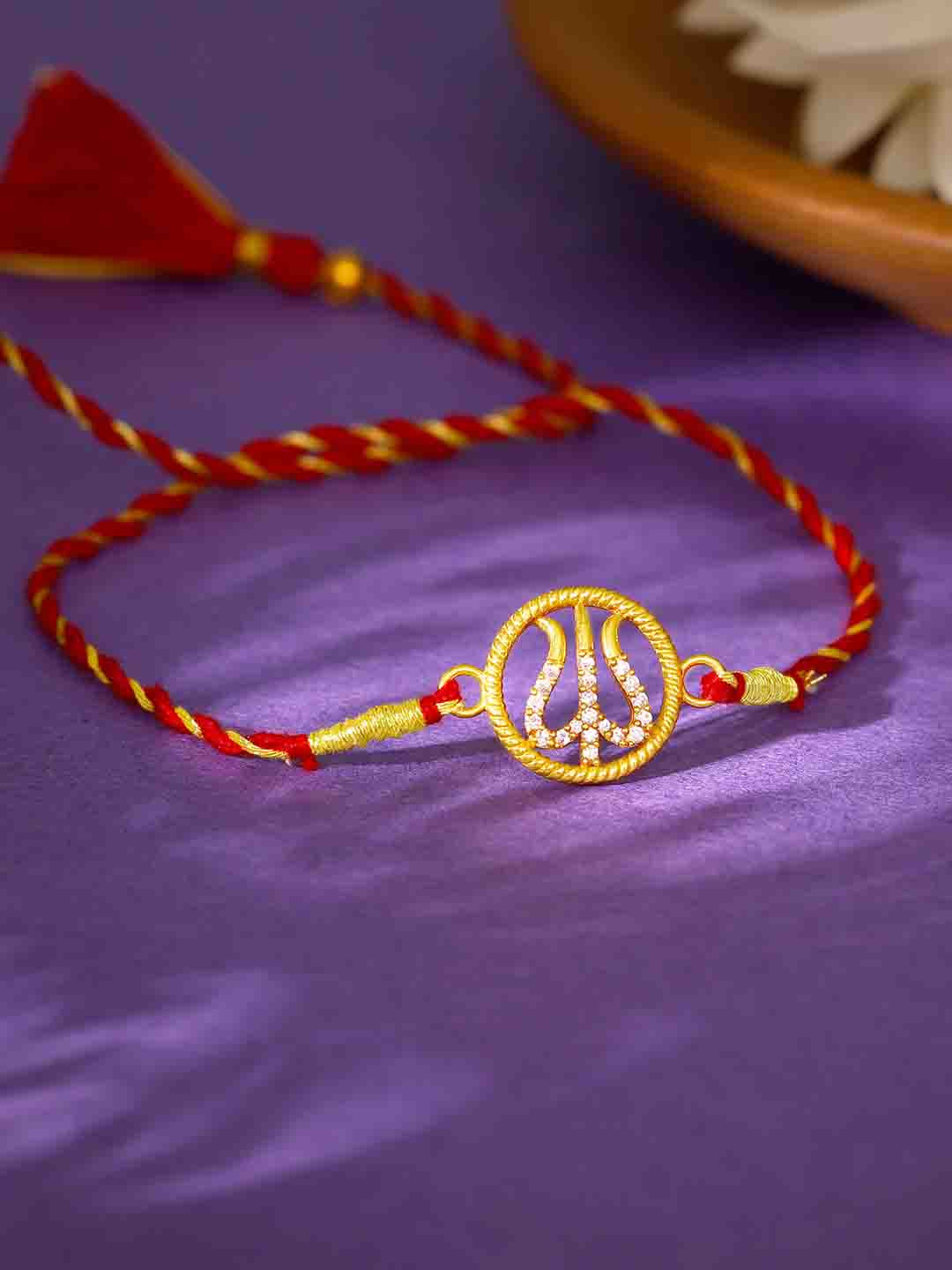 GIVA Men 92.5 Sterling Silver 18KT Gold-Plated Trisula-Charm Rakhi With Roli & Chawal