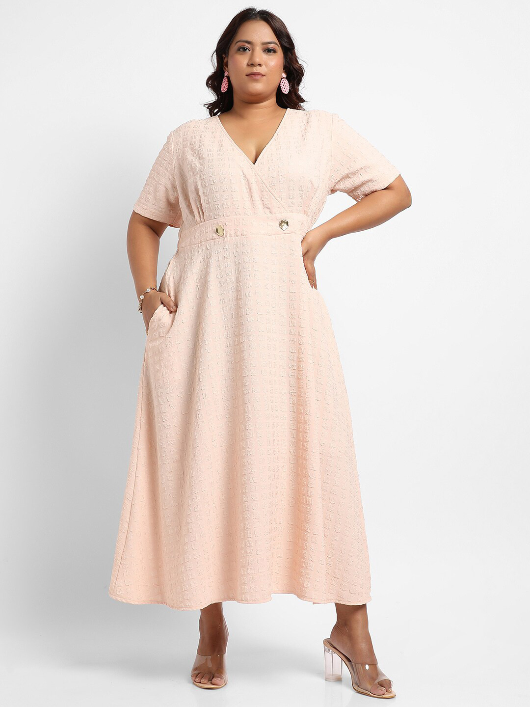 Instafab Plus Self Design Gathered V-Neck A-Line Midi Dress