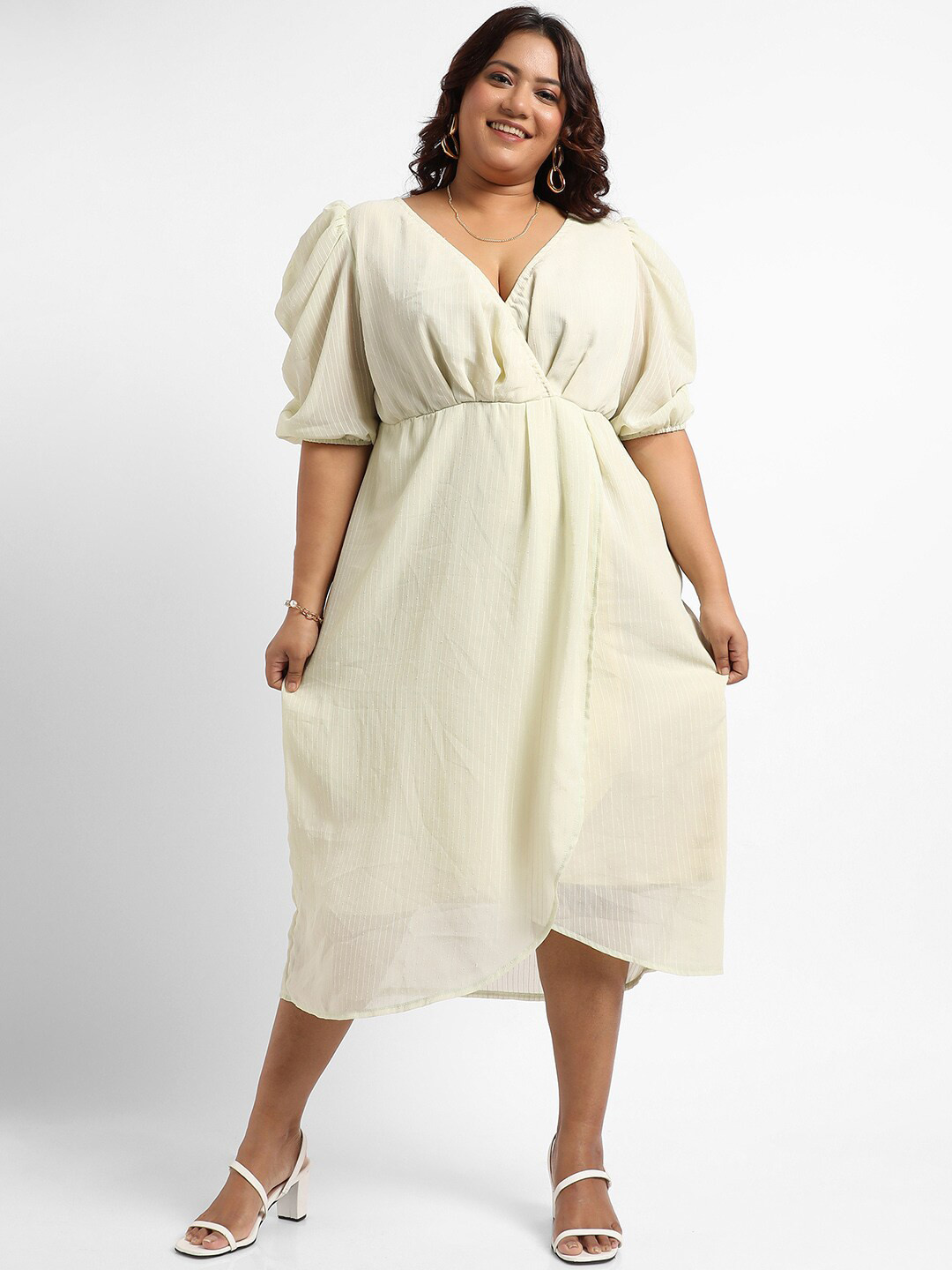 Instafab Plus Striped Puff Sleeve Tulip Hem Wrap Midi Dress