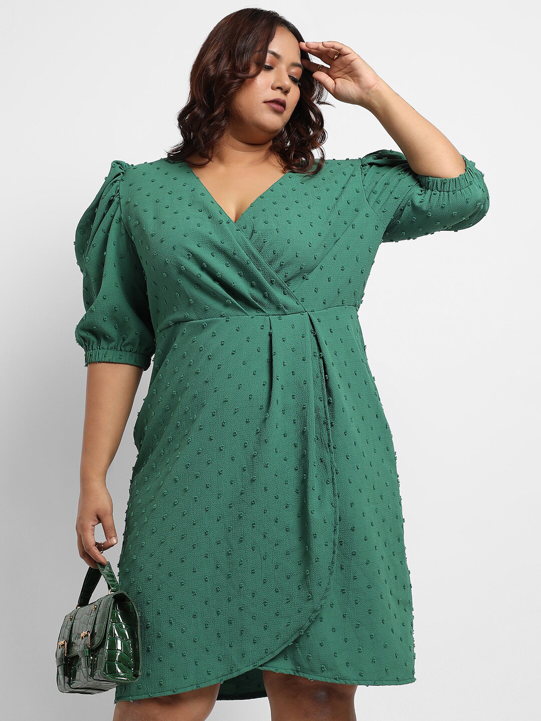 Instafab Plus Size Green Puff Sleeve Wrap Dress