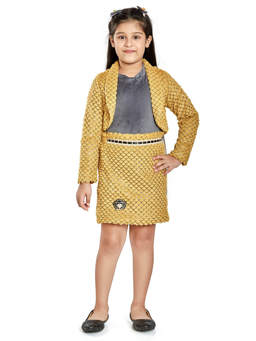 Peppermint Girls Self Design Top & Skirt With Jacket