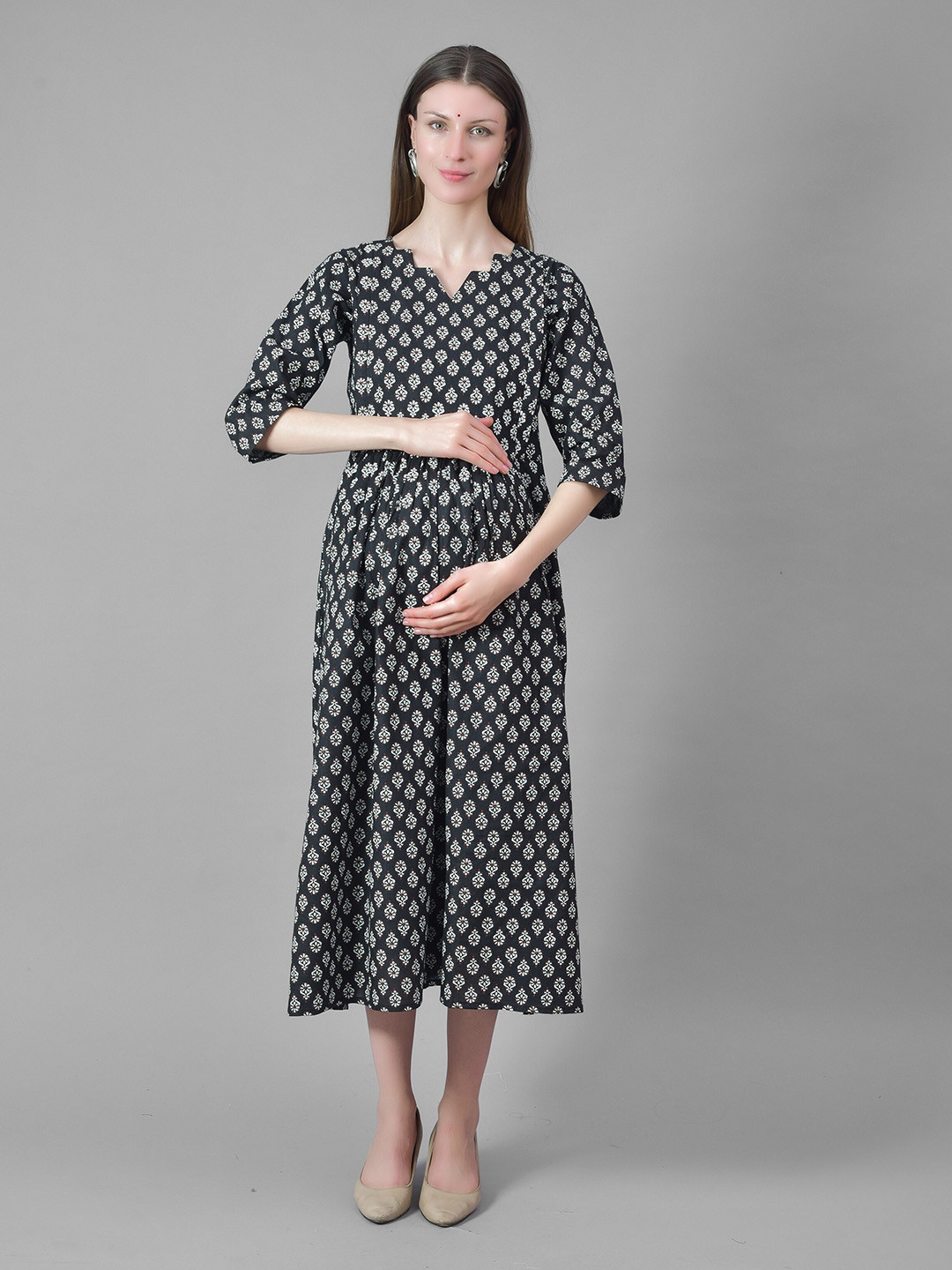 Negen Printed Maternity Cotton A-Line Midi Dress