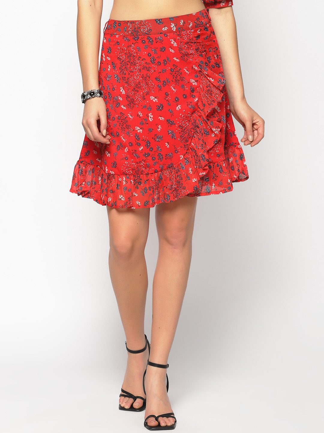 Sera Red Floral Printed Ruffle Wrap Mini Skirt