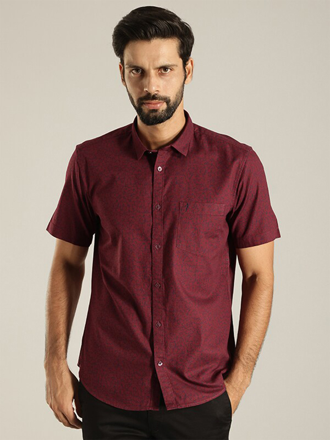 Indian Terrain Slim Fit Micro Disty Printed Pure Cotton Casual Shirt
