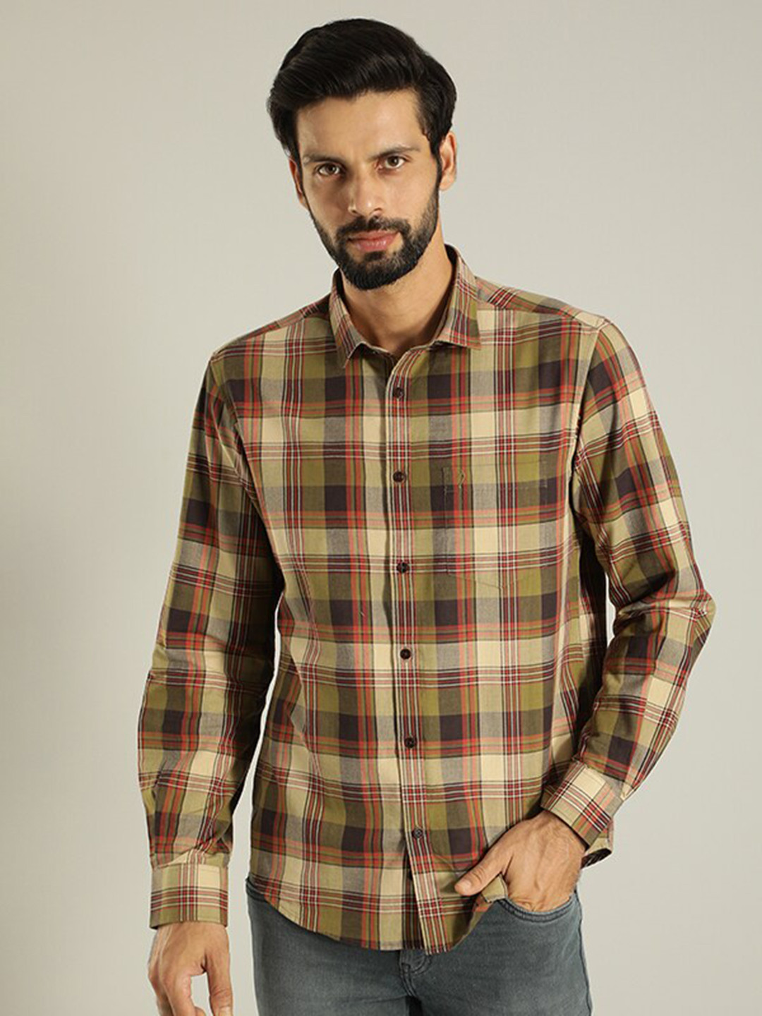 Indian Terrain India Tartan Checked Spread Collar Pure Cotton Casual Regular Fit Shirt