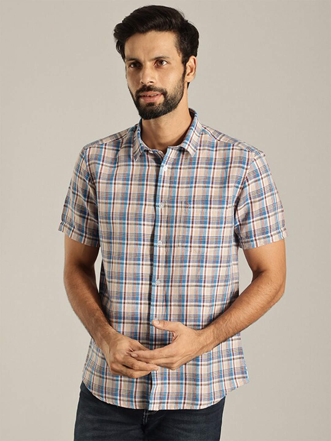 Indian Terrain India Slim Fit Tartan Checked Linen Cotton Casual Shirt
