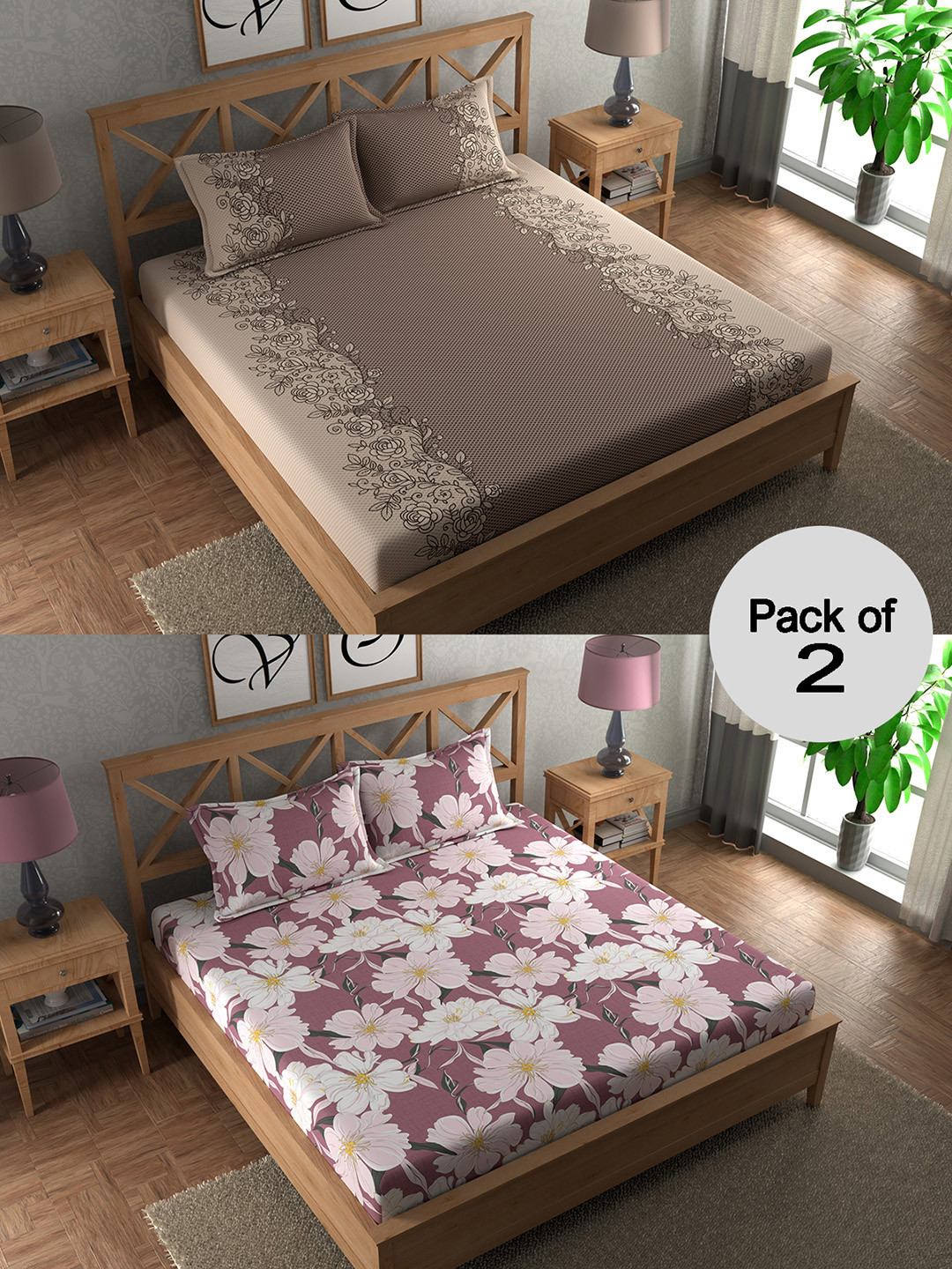 CHHAVI INDIA Beige & Brown Floral Printed 210 TC 2 Queen Bedsheet with 4 Pillow Covers