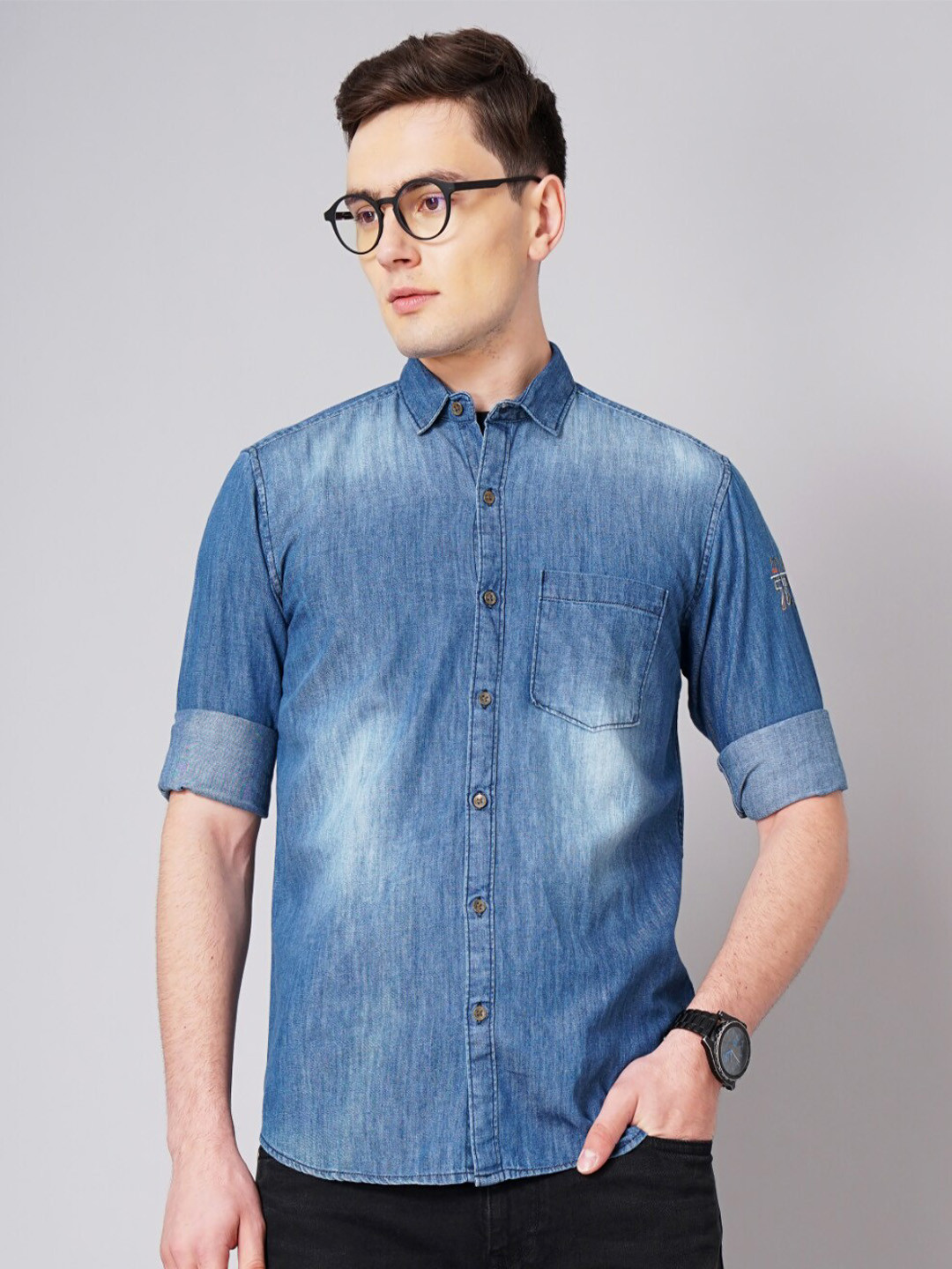 PAUL STREET Standard Slim Fit Spread Collar Faded Denim Shirt