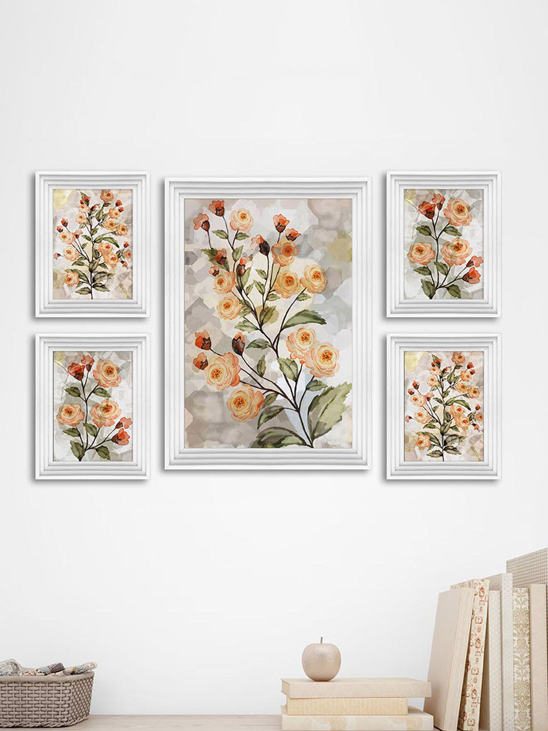 Art Street Orange-Coloured & Pink 5 Pieces Floral Printed Framed Wall Art