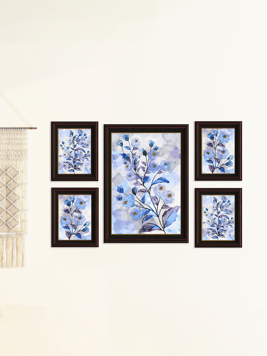 Art Street Black & Blue 5 Pieces Rose Floral Printed Framed Wall Arts
