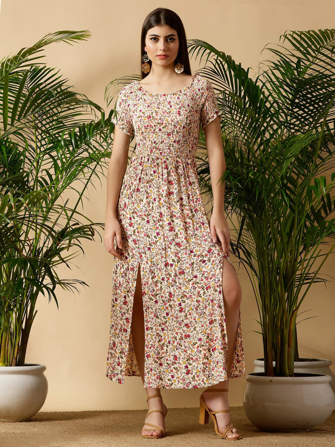 DEBONATELLA Floral Printed Off-Shoulder Puff Sleeve Smocked Cotton A-Line Dress