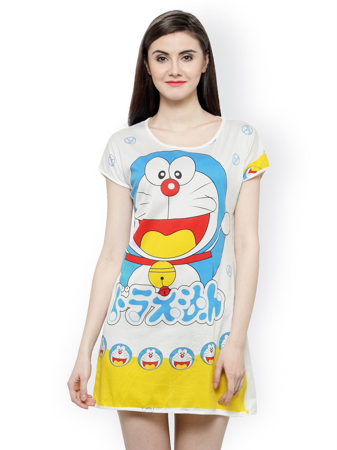 N-Gal Women White & Yellow Printed Nightdress NAYN22