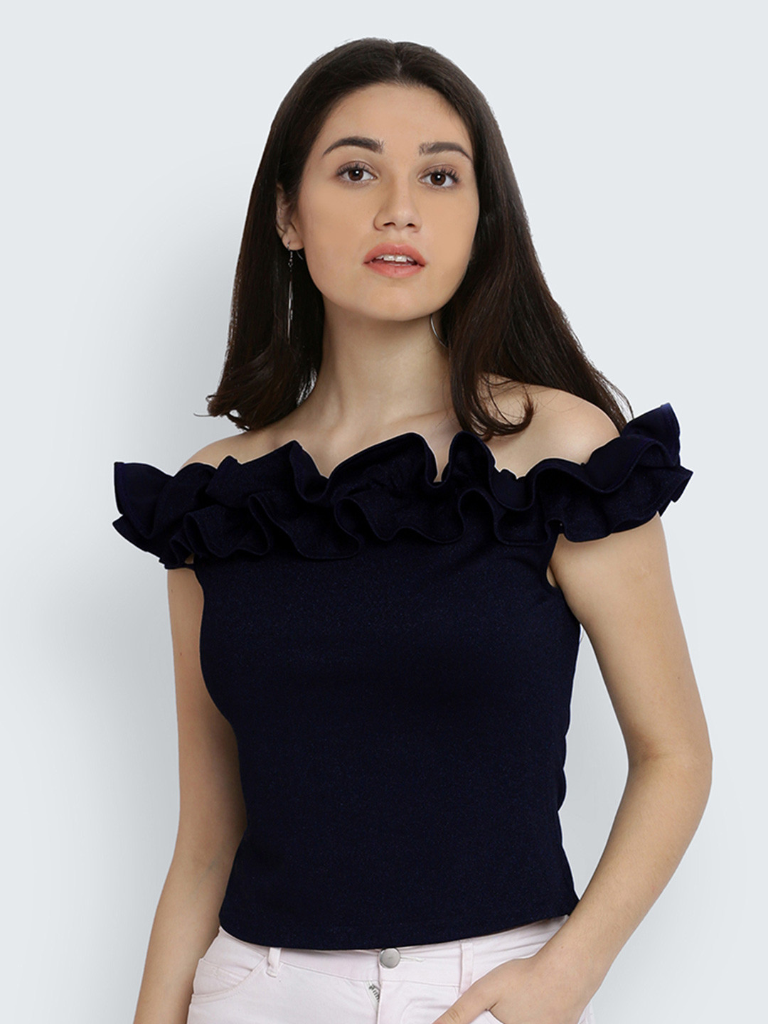 Miss Chase Ruffles Indigo Bardot Top