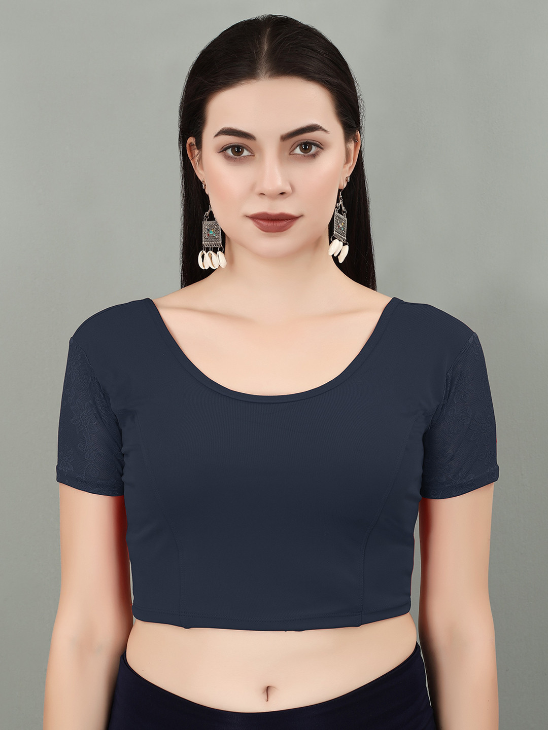 SERONA FABRICS Round Neck Half Net Sleeves Saree Blouse