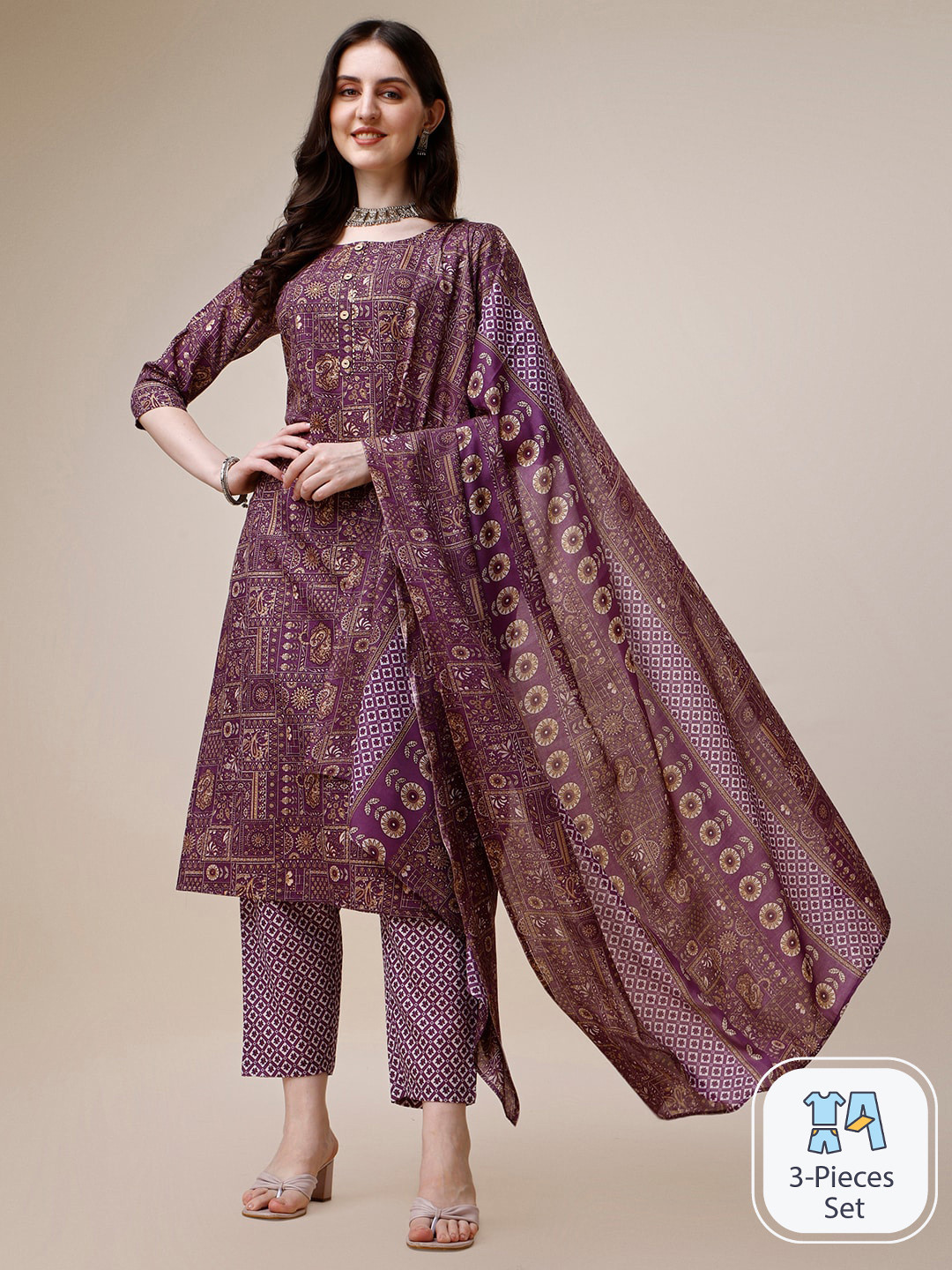 KALINI Ethnic Motifs Printed Gotta Patti Detail Straight Kurta & Trousers With Dupatta