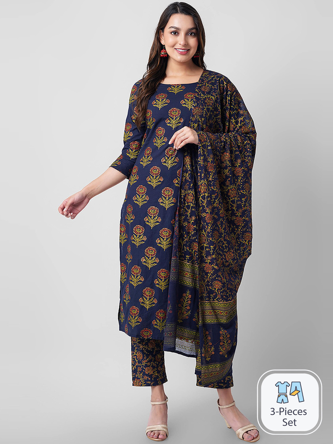 Arayna Ethnic Motifs Printed Pure Cotton Straight Kurta With Trousers & Dupatta