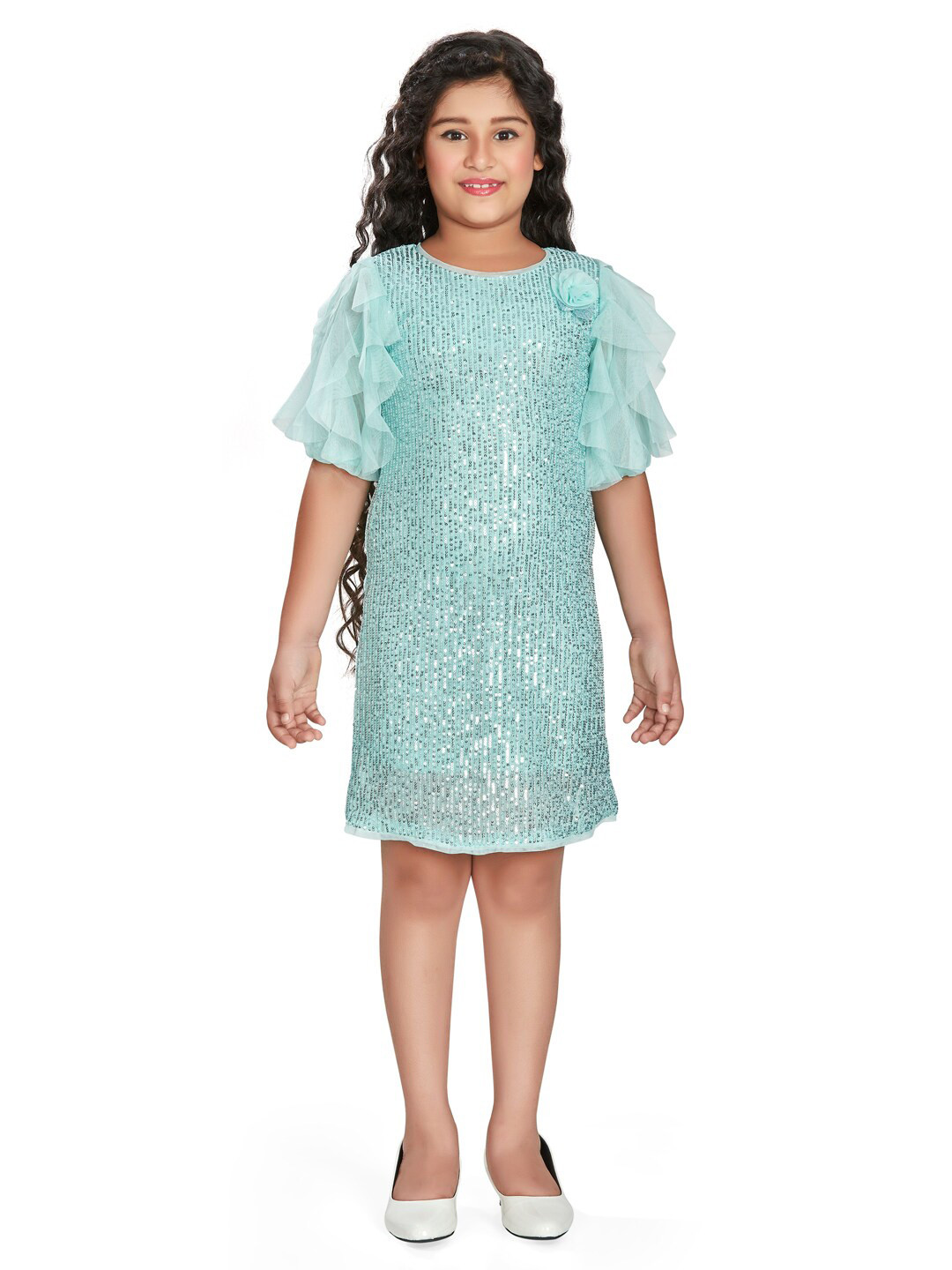 Peppermint Round Neck Sequinned Flutter Sleeve Dress