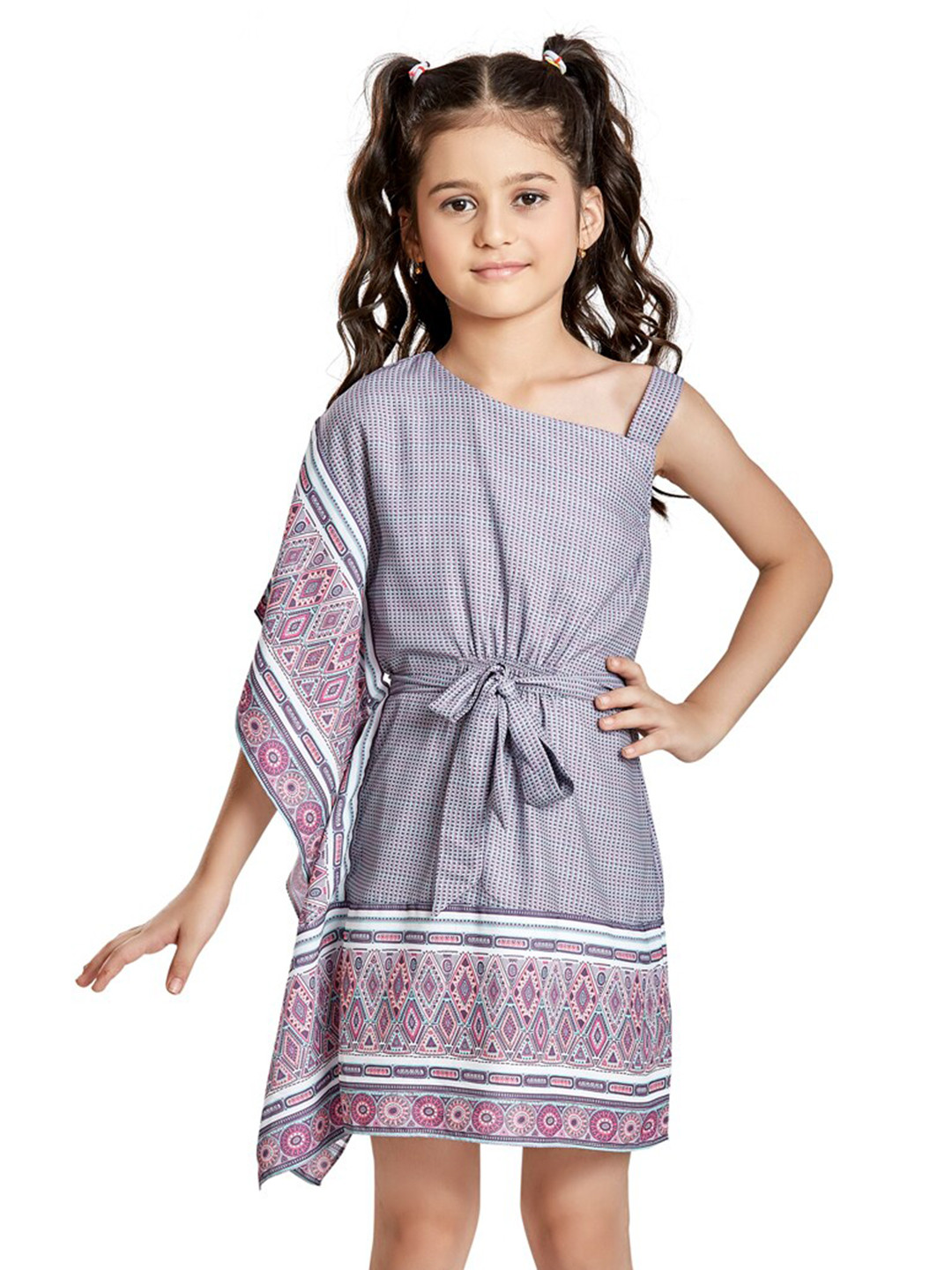Peppermint Girls Geometric Printed One Shoulder Belted Fit & Flare Dress