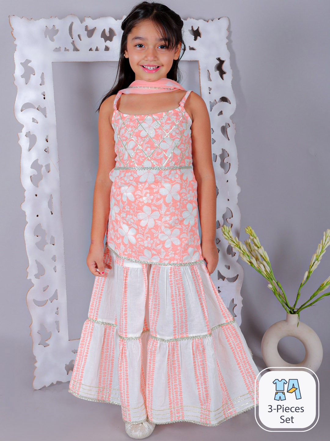 Ka-mee Girls Floral Printed Gotta Patti Pure Cotton Kurti with Sharara & Dupatta