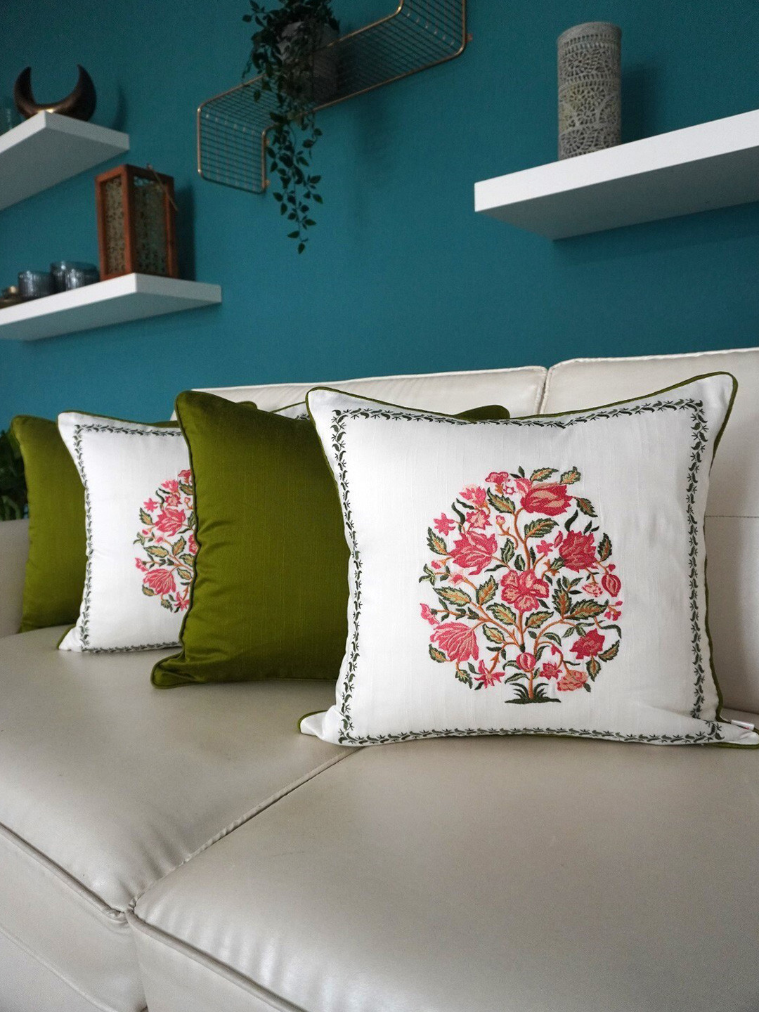 TARA- Sparkling Homes Olive Floral Cotton 4 Pcs Embroidered Square Cushion Covers -16x16In