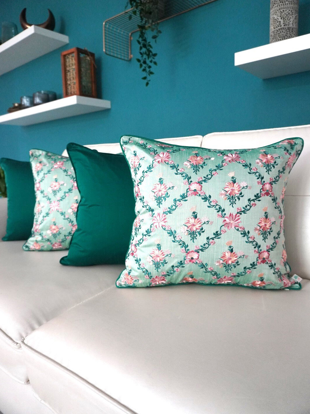 TARA- Sparkling Homes Green & Pink 4 Pieces Embroidered Square Cushion Covers