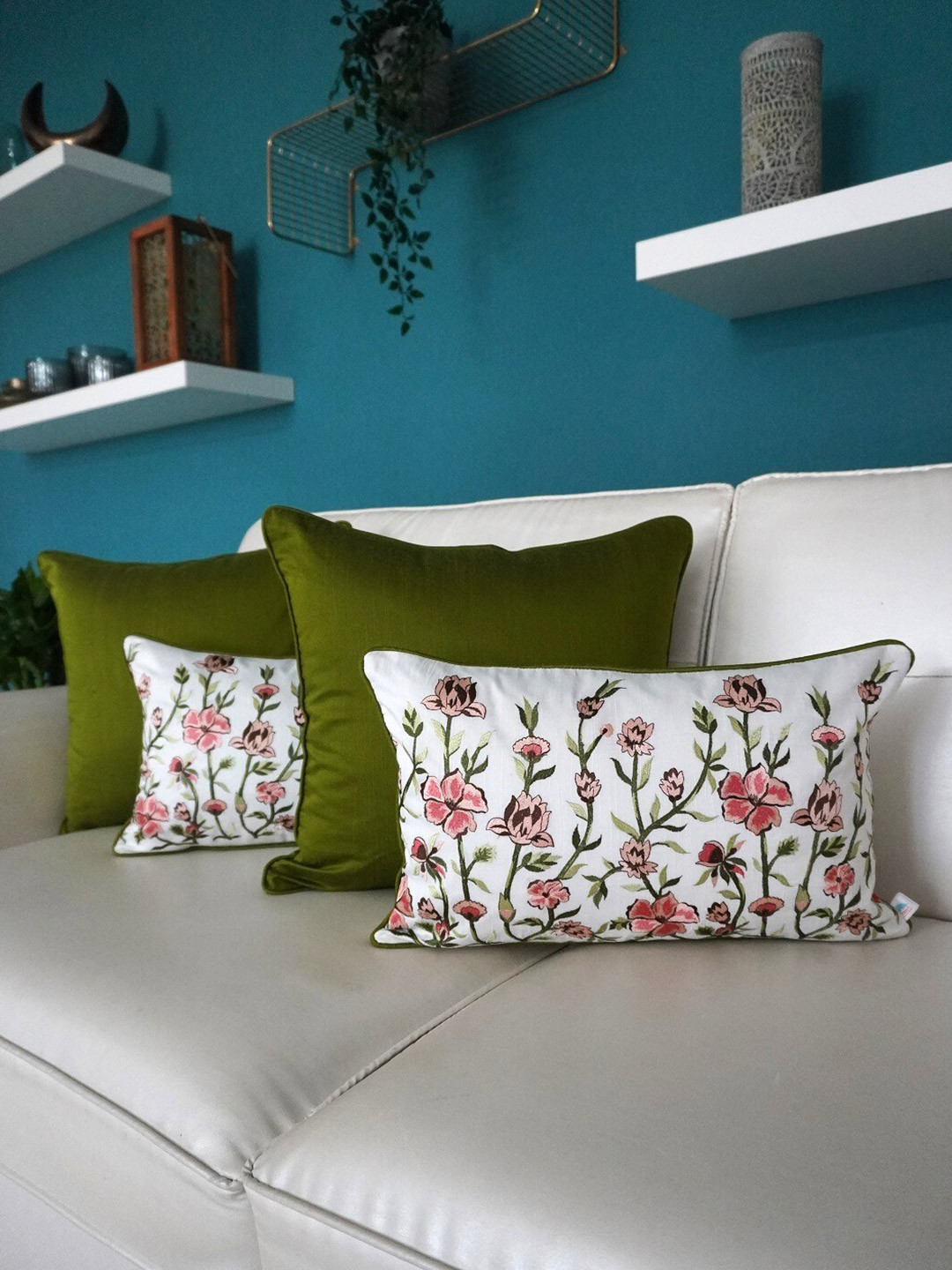 TARA- Sparkling Homes Green & White 4 Pieces Floral Square & Rectangle Cushion Covers
