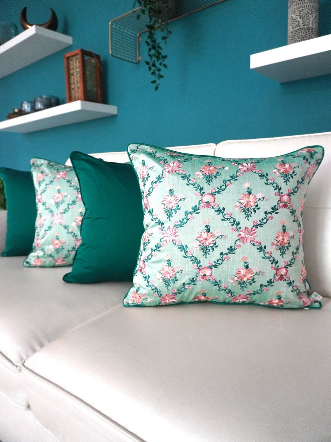 TARA- Sparkling Homes Green Floral Cotton 4 Pcs Embroidered Square Cushion Covers -18x18In