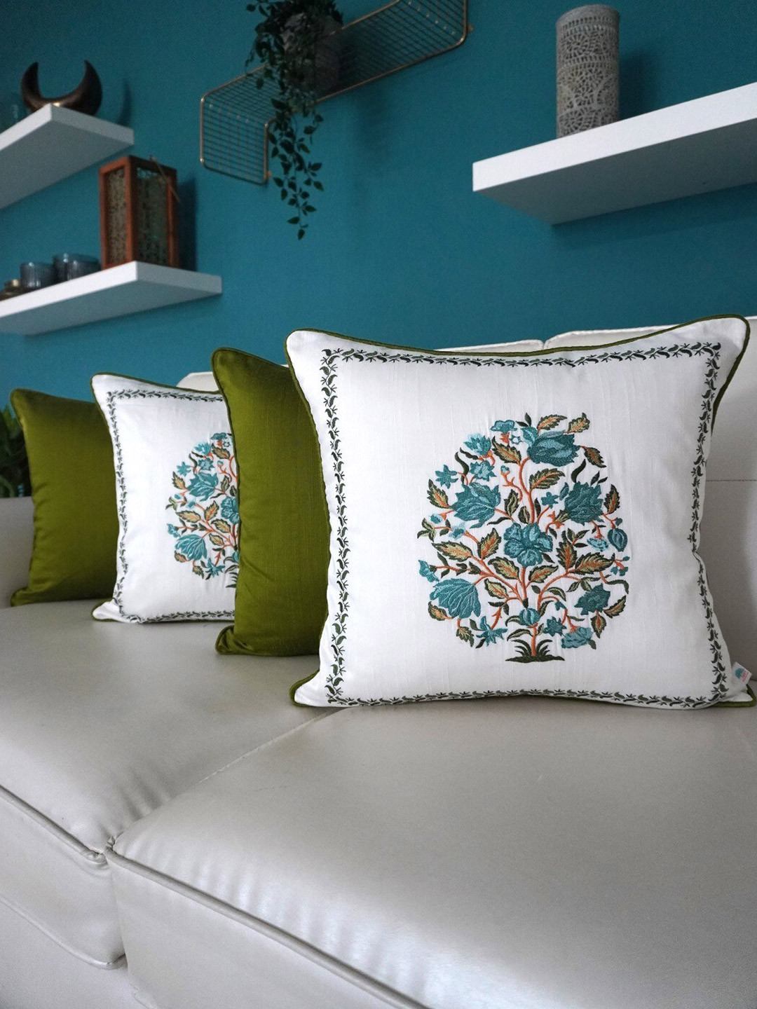 TARA- Sparkling Homes 4 Pcs Olive Green & White Floral Square Cushion Covers