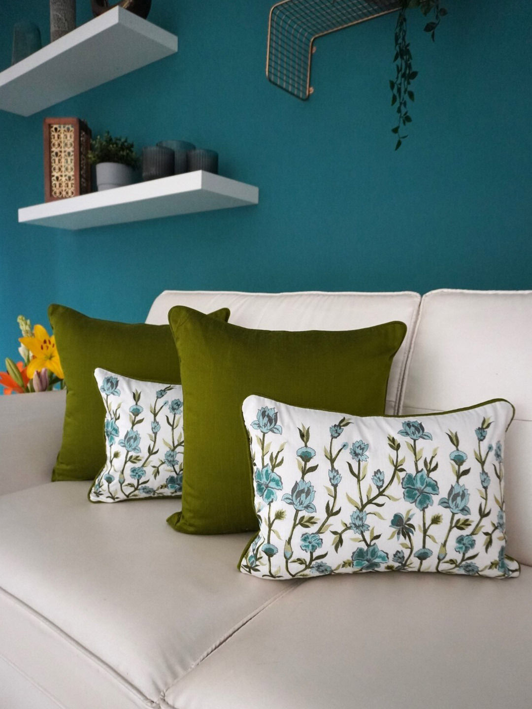 TARA- Sparkling Homes Floral Cotton Silk Washable 4 Pcs Cushion Covers - 12 x 20 In