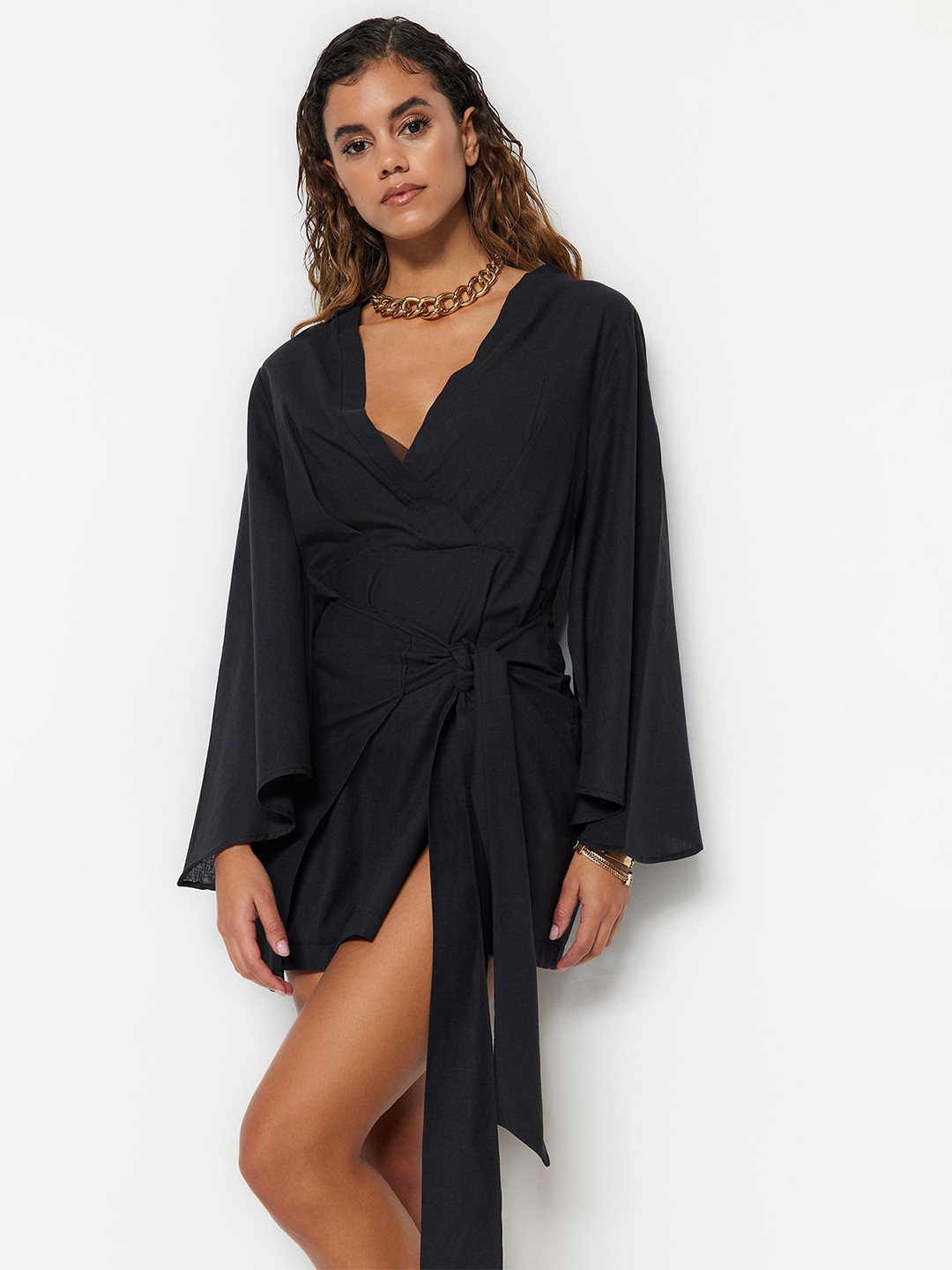 Trendyol V-Neck Flared Sleeve Pure Cotton A-Line Mini Dress