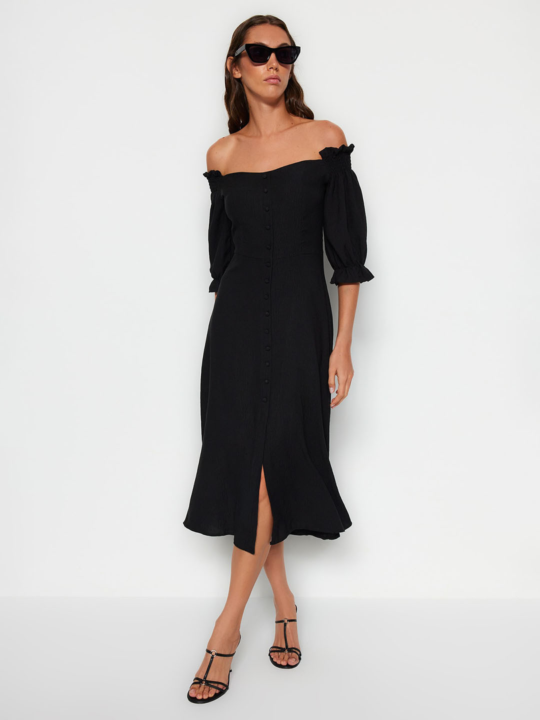 Trendyol Off-Shoulder Puff Sleeves A-line Midi Dress