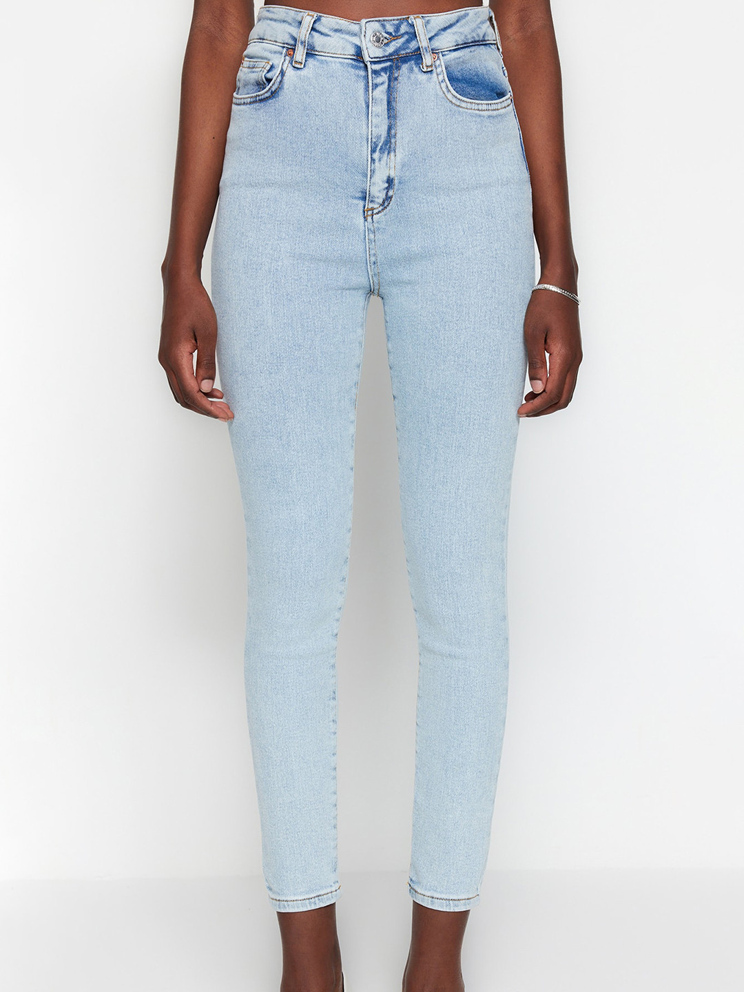 Trendyol Women Ak Mavi Mid-Rise Super Slim Fit Clean Look Light Fade Cotton Jeans