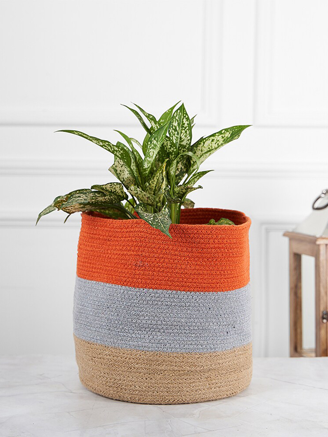 DecorTwist Grey & Orange-Colored Colourblocked Braided Cotton Planters