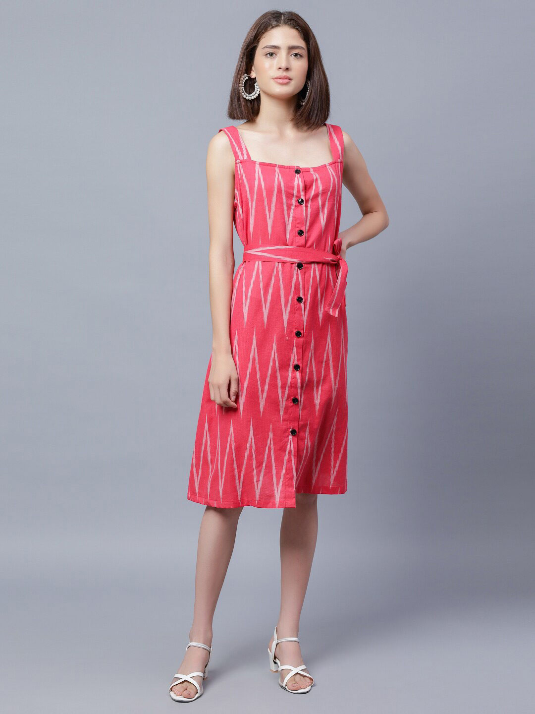 ENTELLUS Chevron Printed Shoulder Strap Belted Cotton A-Line Dress