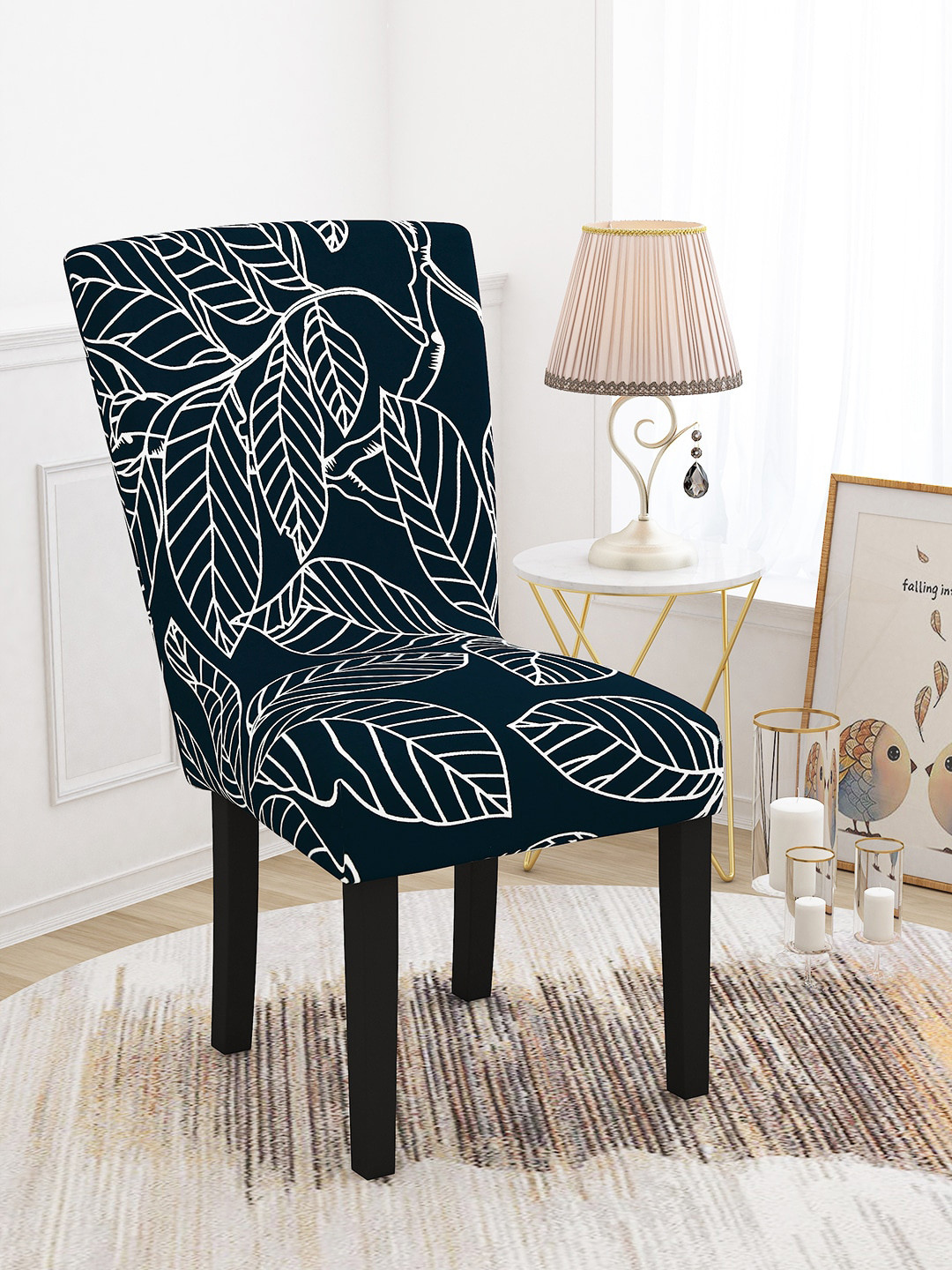 Story@home Navy Blue Leafs Printed Chair Cover
