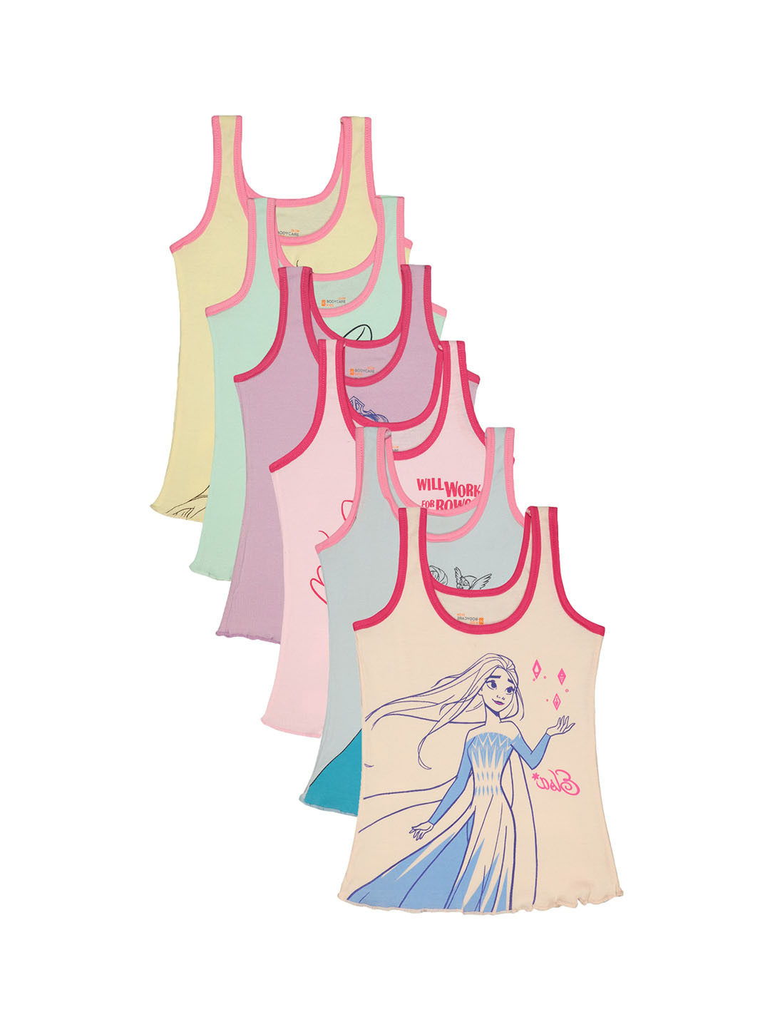 Bodycare Kids Girls Pack Of 6 Mickey Mouse Printed Cotton Basic Innerwear Vests