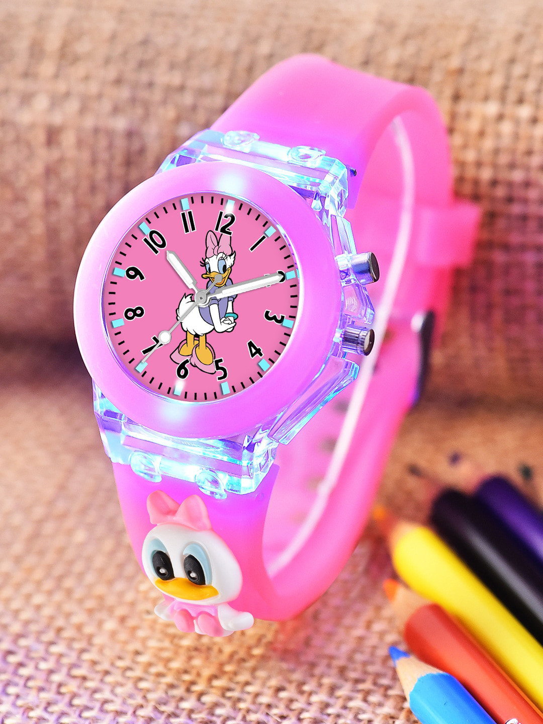 Shocknshop Kids Cartoon Printed LED Backlight Digital Multi Function Watch 327 Pink Duck