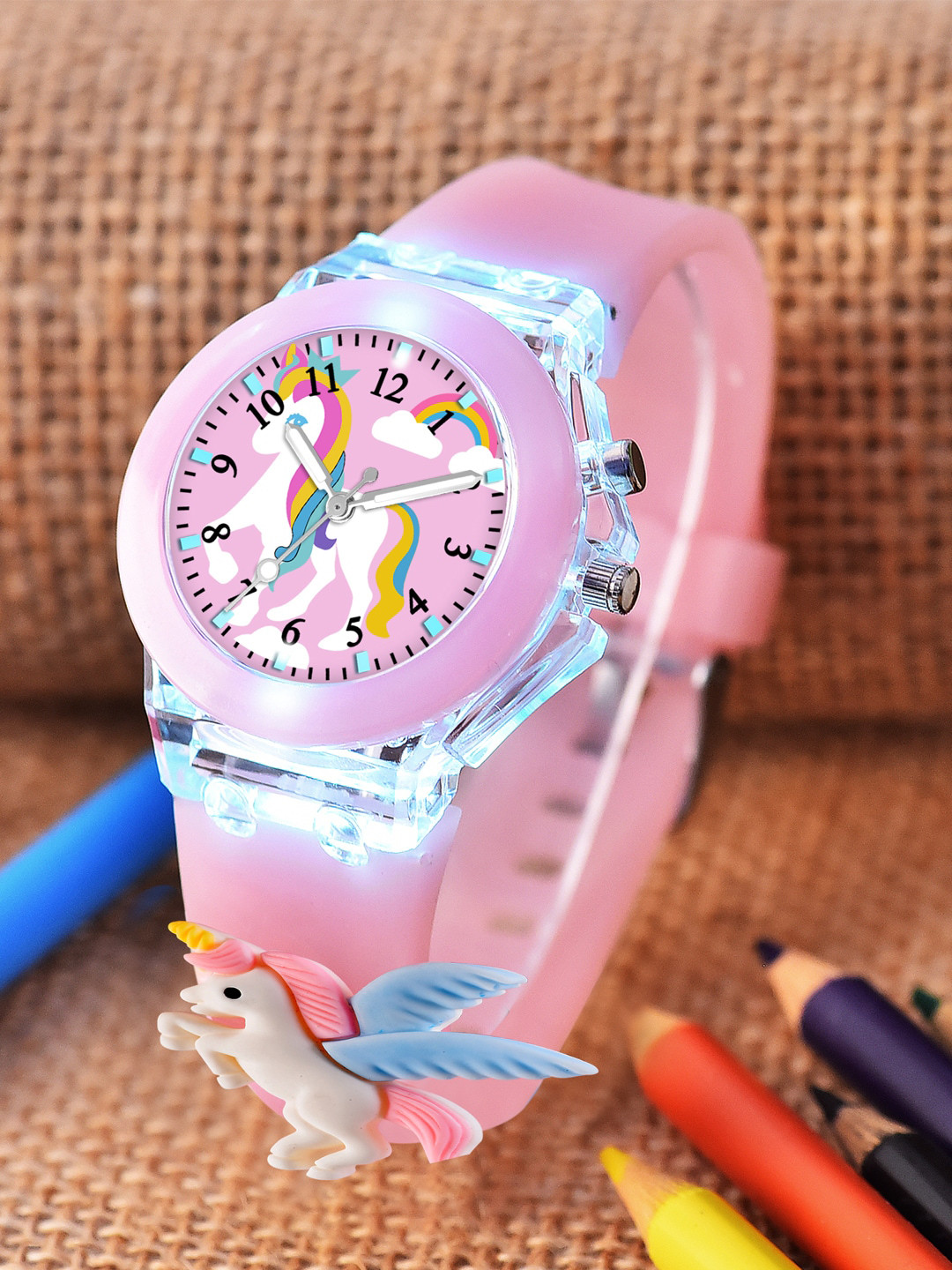 Shocknshop Kids Cartoon Printed LED Backlight Digital Multi Function Watch 327 Light Pink