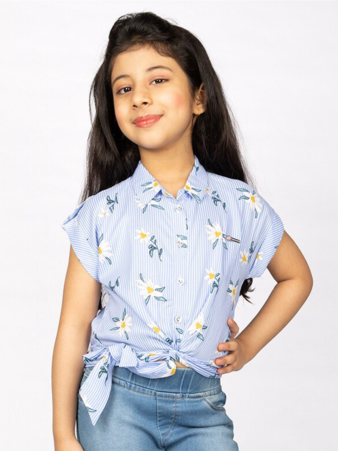 Peppermint Girls Floral Printed Extended Sleeves Twisted Detail Shirt Style Top