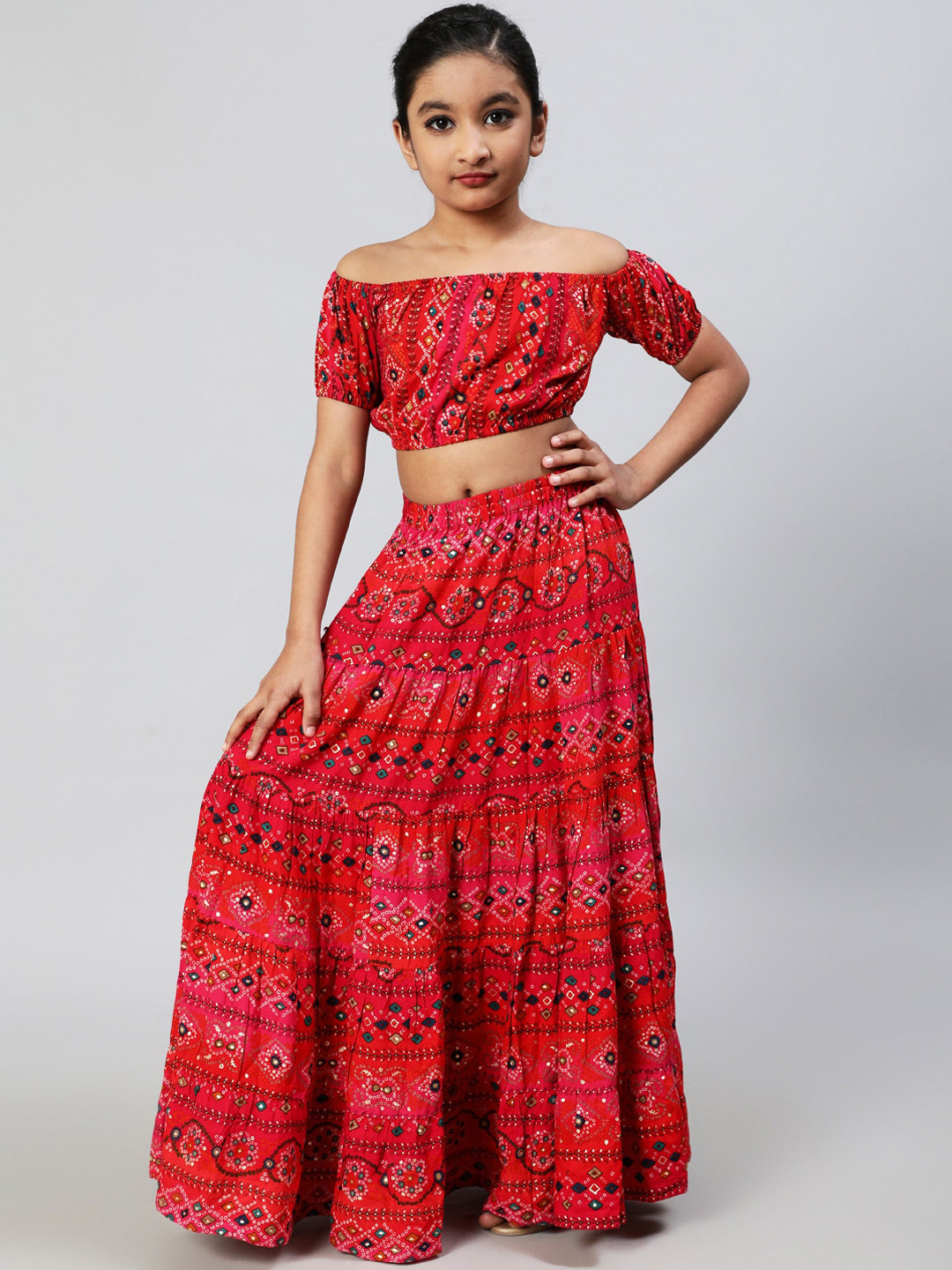 Aks Kids Girls Bandhani Printed Crop Top With Skirt